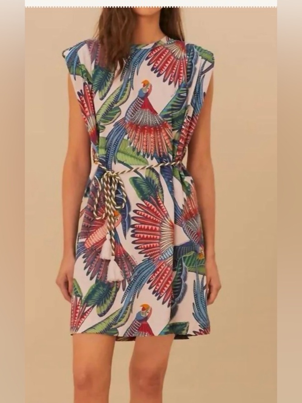 FARM Rio White Mini Skirt with Red, Blue & Green Parrot Print
